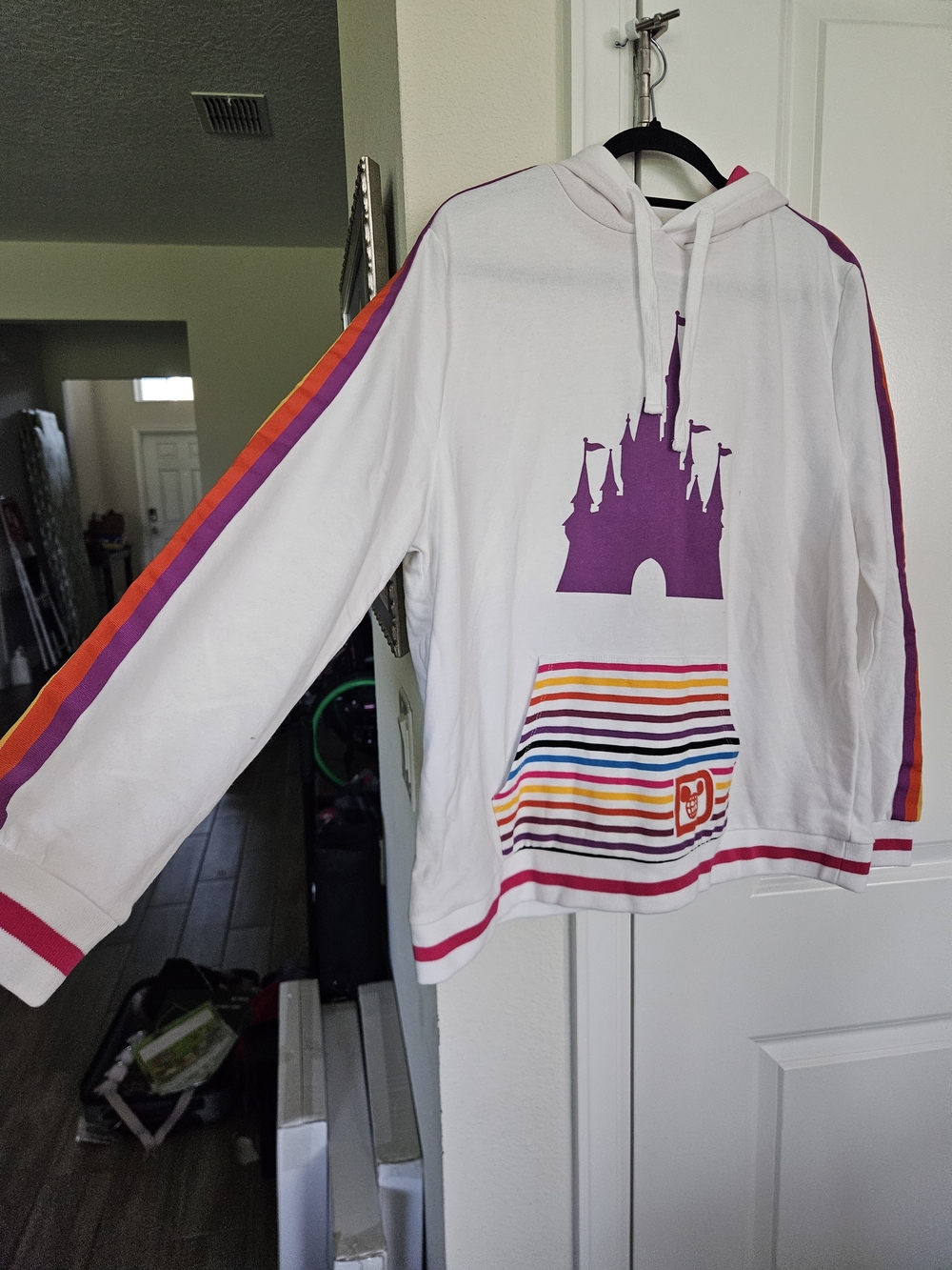 Adult DISNEY White Hoodie with Purple Castle & Rainbow Stripe Pocket